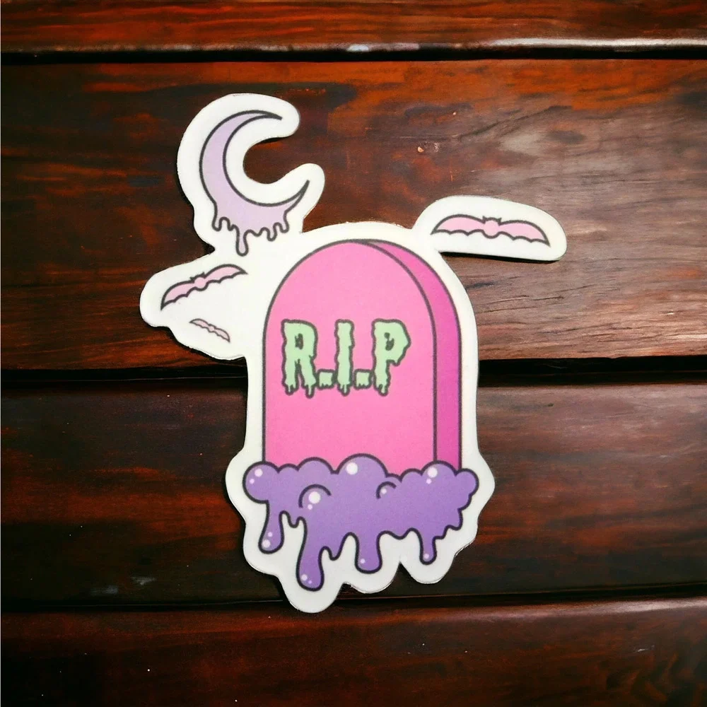 RIP Pink Headstone Purple Cloud Sticker Spooky Pastel Goth Creepy Punk Scary